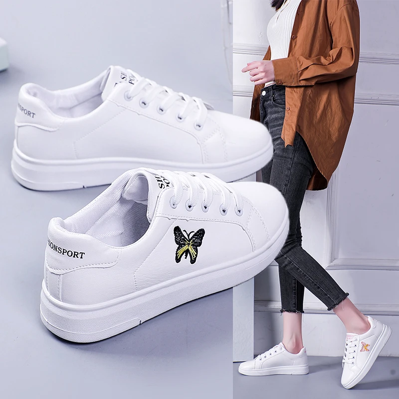 Женские дышащие кроссовки на шнуровке Белые Повседневные с цветочной вышивкой