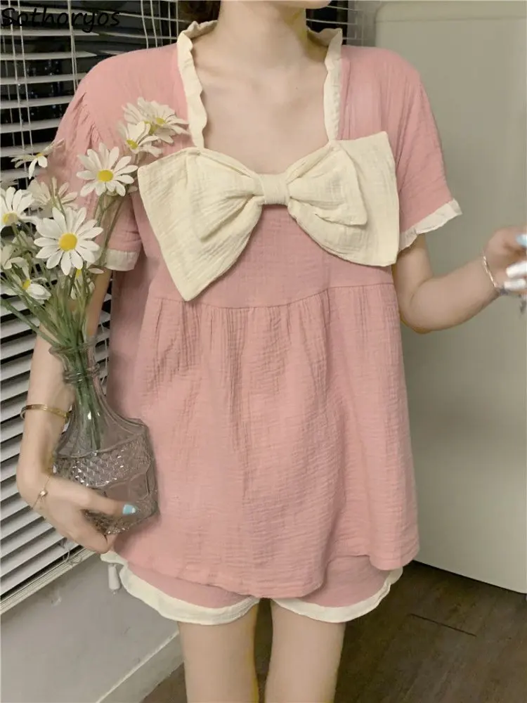 

Pajama Sets Women New Japanese Style Lovely Bow Design Summer Casual Students Princess Homewear Simple Square Collar Soft Cozy