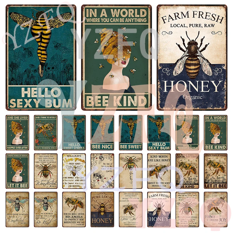 

Bee Flowers Metal Tin Sign Retro Plates Rose Peony Lavender Art Plaque Vintage Poster Garden Cave Room Home Wall Decor DU-13368A