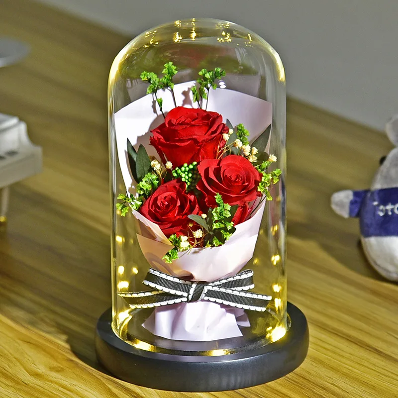 

Immortal Flower Holding Bouquet Gift Box Rose Christmas Gift LED Warm Light Decorative Flower Valentine's Day Home Decoration