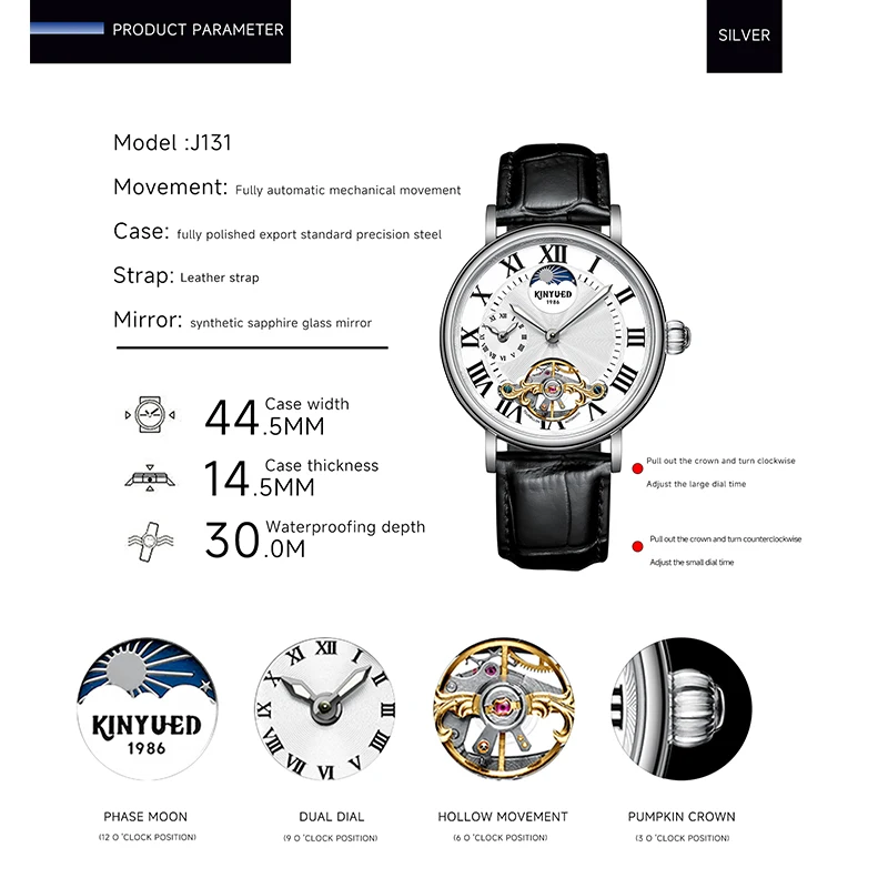 Мужские автоматические механические часы Kinyued водонепроницаемые до 30 м
