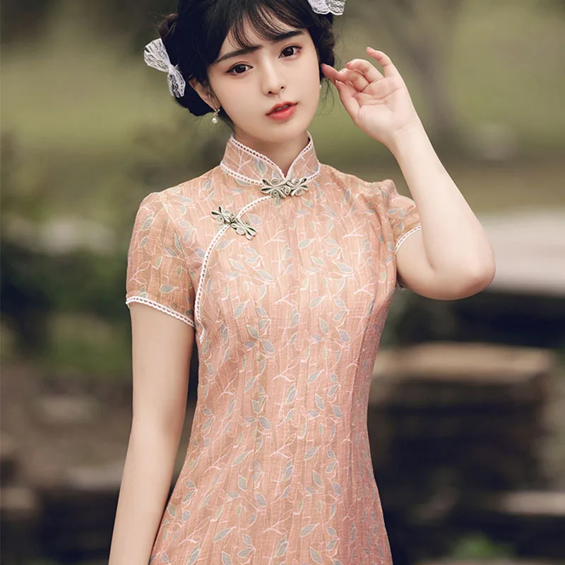 

Summer Short Qipao Sexy Printed Chinese Traditional Dress Women Vintage Oriental Cheongsams Vestidos Improved Banquet Party Gown