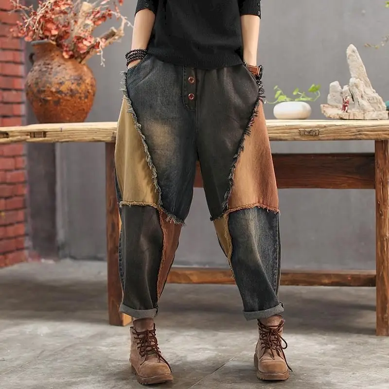 Colorblock Patch Harlan Jeans Women Fashion Design Loose Vintage Washed Old Ragged Edge Denim Pants Spring Autumn Trendy Jeans