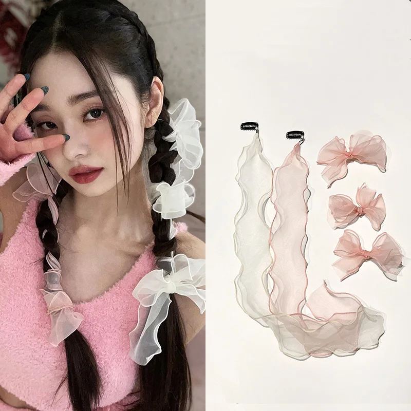 

Sweet Girl Pure Desire Super Fairy Braided Hair Bow Hairpin Korean Hairclips Mesh Hairband Streamer Headdress Hair Accessories