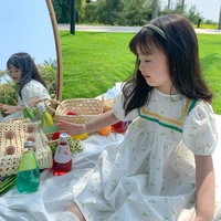 2022 new floral summer dress for girls flower puff sleeve french style dresses for children kids cotton blend dresses for girls