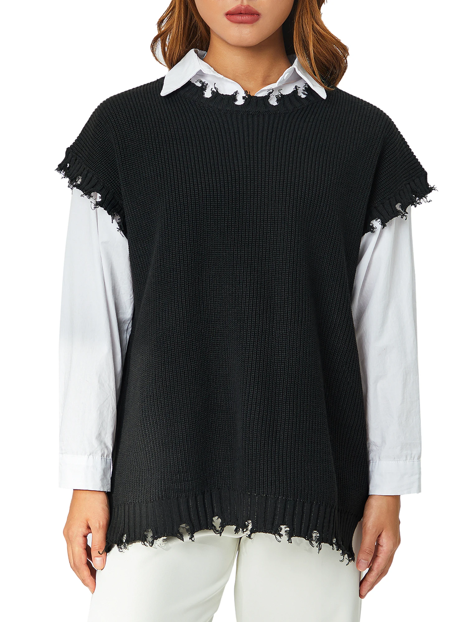 

Вязаный свитер-безрукавка унисекс для мужчин и женщин, однотонный рваный вязаный Свободный пуловер с круглым вырезом, свитеры без рукавов