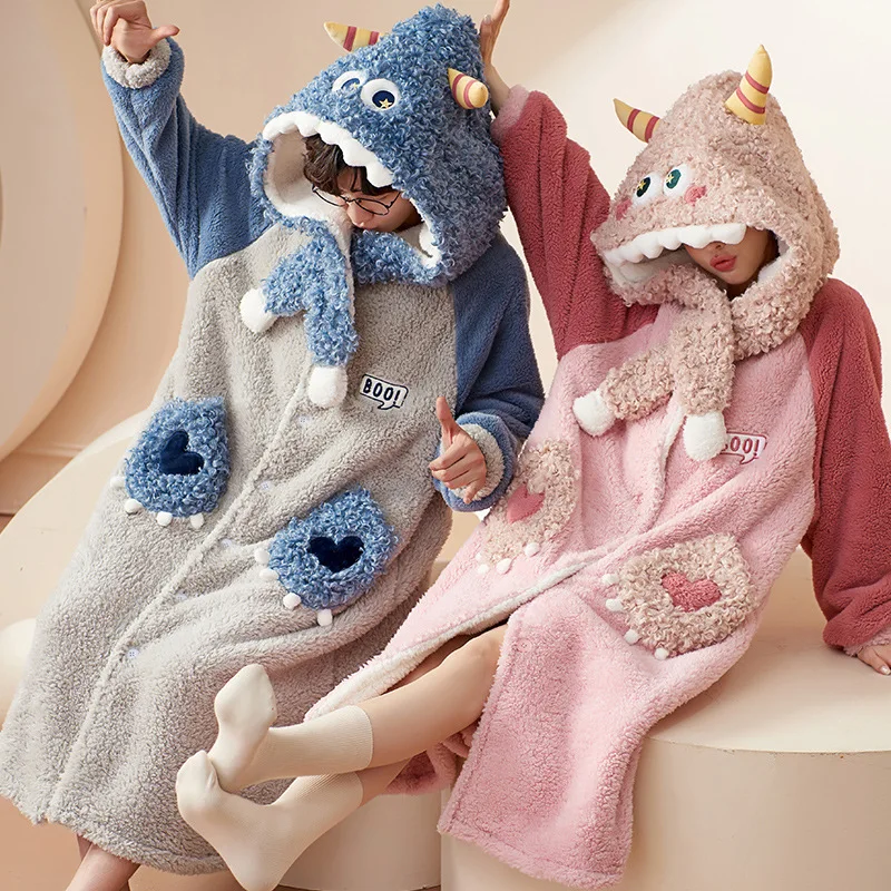 Lovers Pajamas Suit Women Coral Velvet Pajamas Cute Cartoon Robe Flannel Hooded Pajamas Warm Clothes Family Matching Outfits