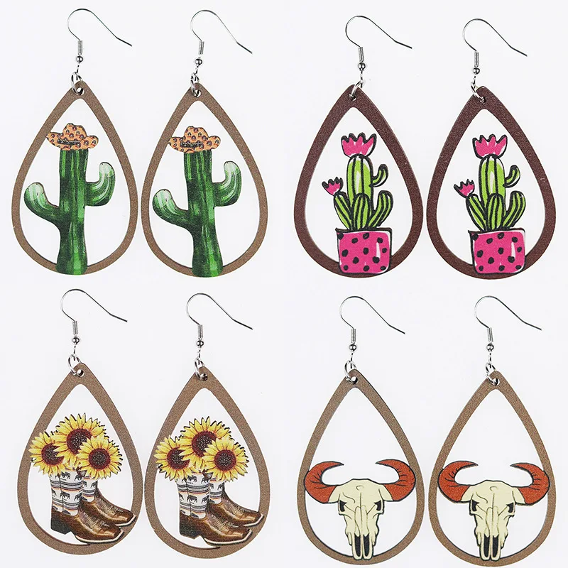 

Western Hollow Sunflower Cactus Bull Head Printed Wooden Earrings for Women's Jewelry