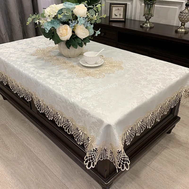 

Tablecloth White Rectangle Luxury Embroidery Lace Dining Table Cover Flower Elegant Hollow Out Table Cloth Towels Chair Cover