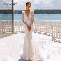 chenxiao mermaid wedding dress long sleeves beach v neck stain backless sexy elegant ivory white bridal gowns vestidos de noiva