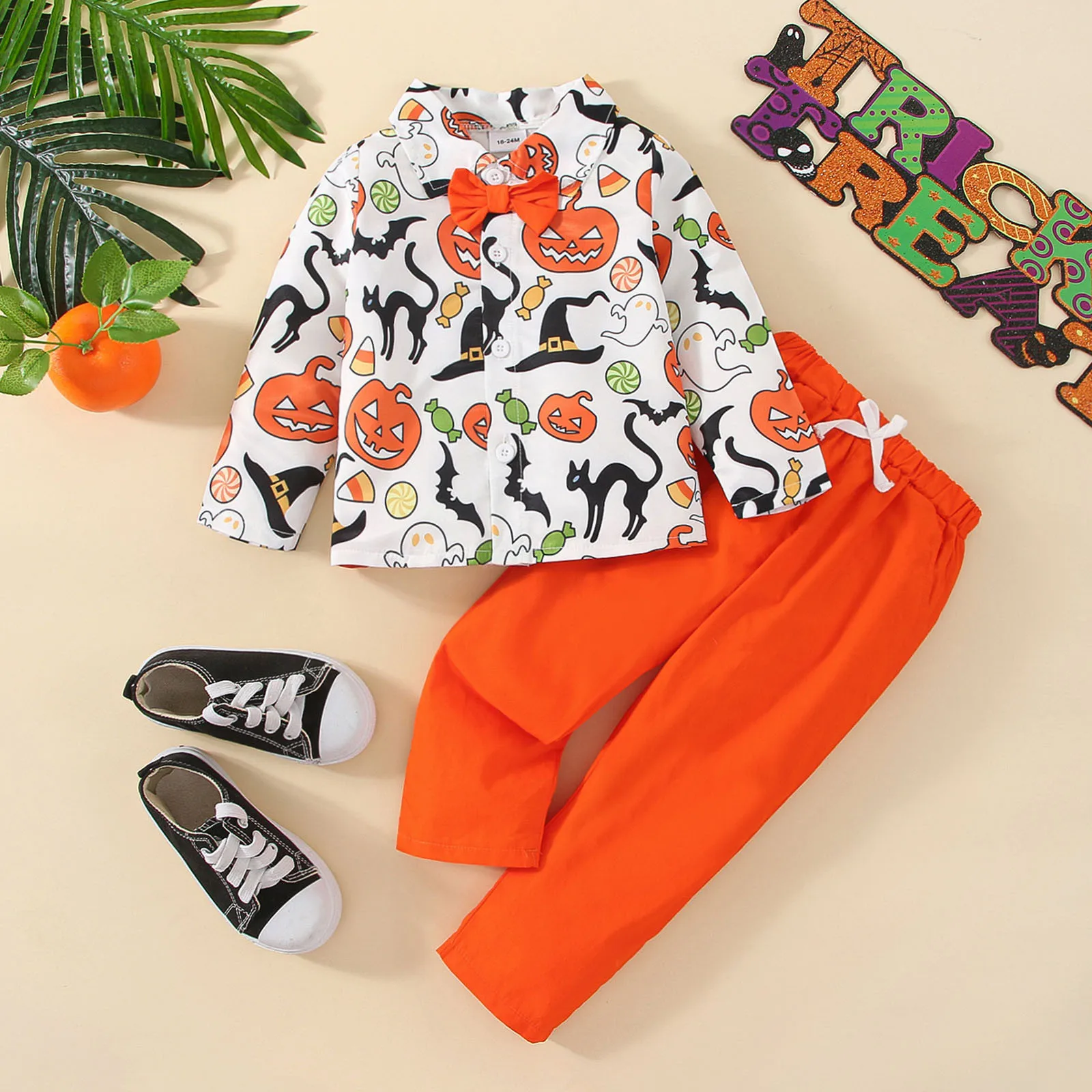 

Футболка с длинными рукавами и принтом тыквы для маленьких мальчиков на Хеллоуин топы и штаны Одежда для маленьких джентльменов одежда для ...