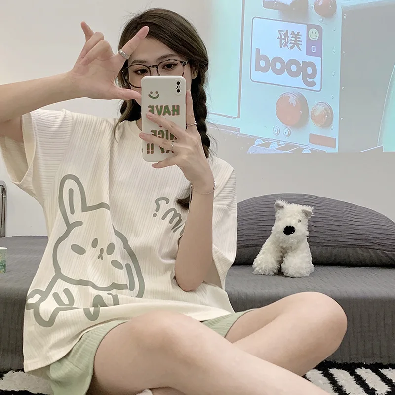 Sleepwear Lovely Home Suits Cartoon Cute Pyjama Short Sleeve Pajamas Set Women Pijamas Girl Homewear Summer 2XL Femme