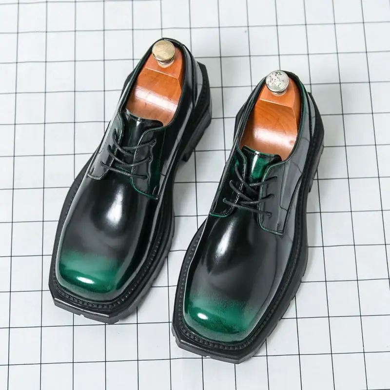 Мужские кожаные туфли с квадратным носком модные британские на толстой подошве