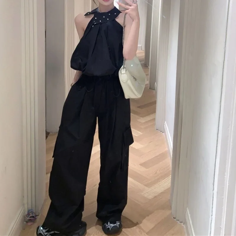 Лето 2024 крутой женский костюм черный топ с воротником хомутом и отворотами