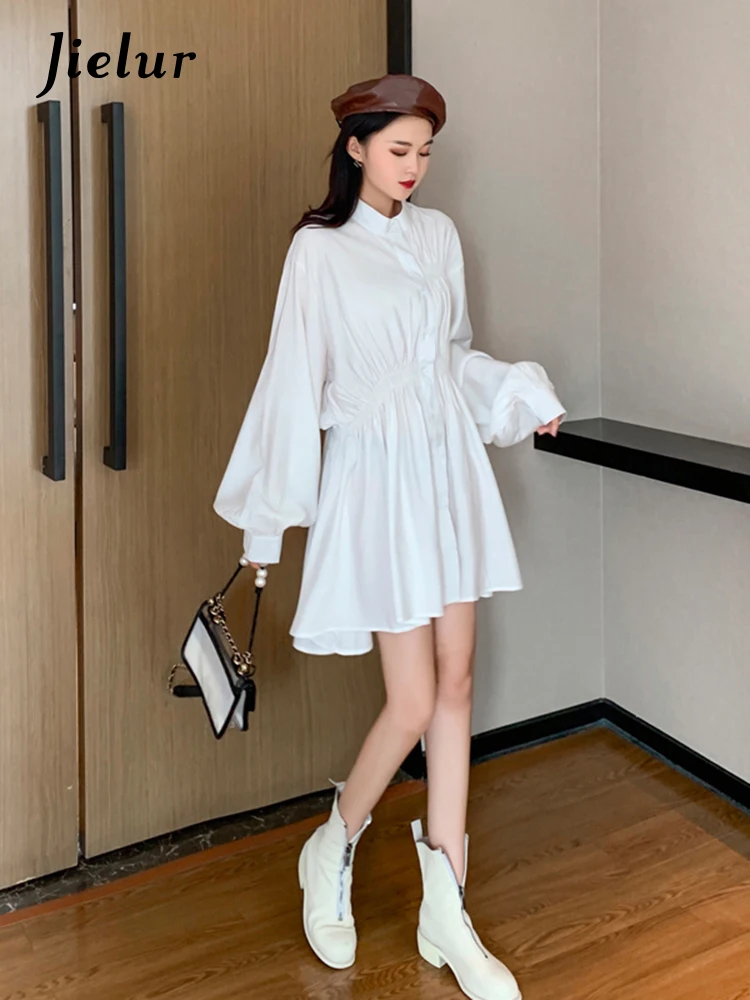 

Jielur Свободное асимметричное приталенное однотонное платье-рубашка повседневное мини-платье со стоячим воротником и рукавами-фонариками, модная уличная Офисная Женская одежда