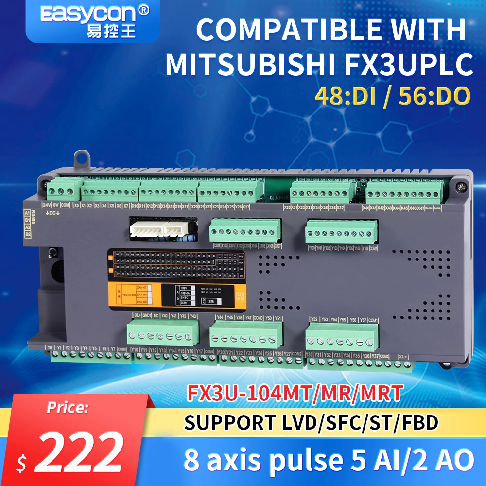 

Easycon FX3U-104A-MRT/MR/MT 48 DI 56 DO 5AD 2DA PLC Programmable Logic Controller FX3U Electrical RS422/RS485 Modbus