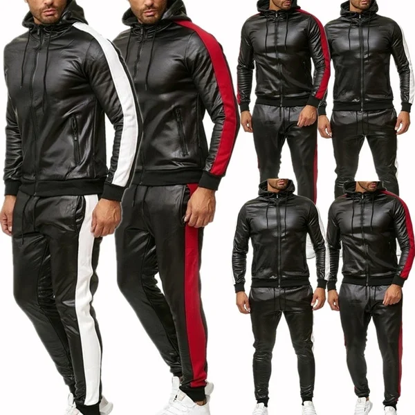 

New Mens Pu Leather Hoodies Set Casual Sweatsuit Hooded Jacket And Pants Jogging Suit Tracksuits