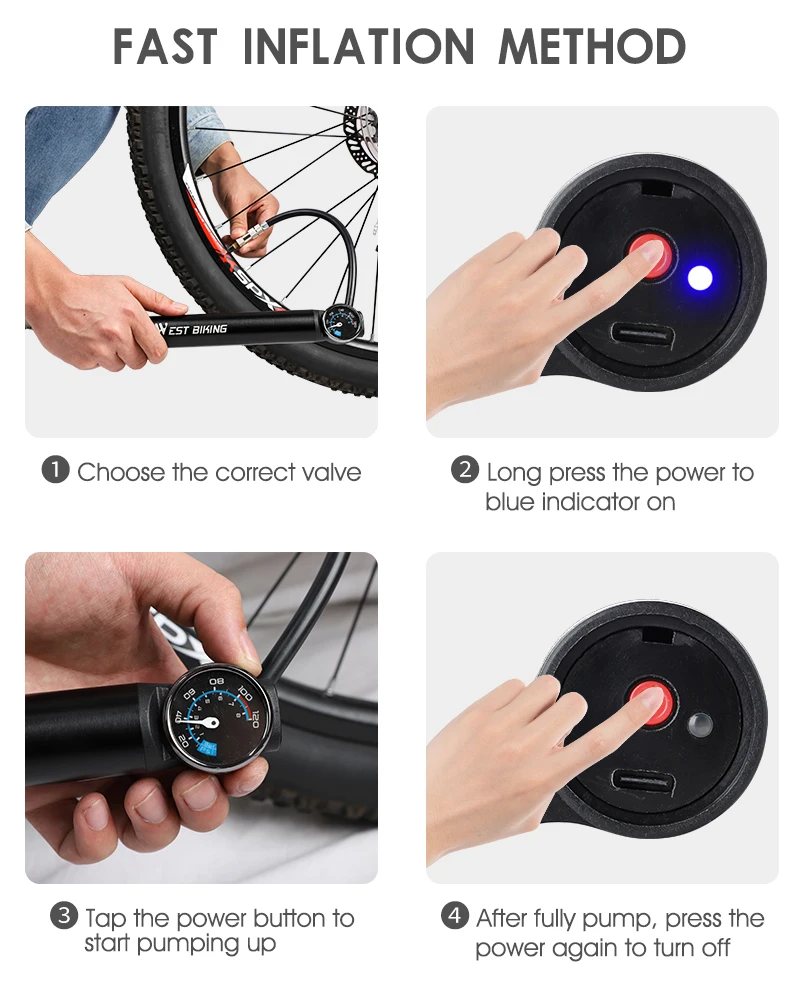 Smart Electric Bicycle Pump 12.8V 120PSI with Hose Pressure Gauge USB Rechargeable MTB Road Bike Tire Air Cycling Inflator | Спорт и