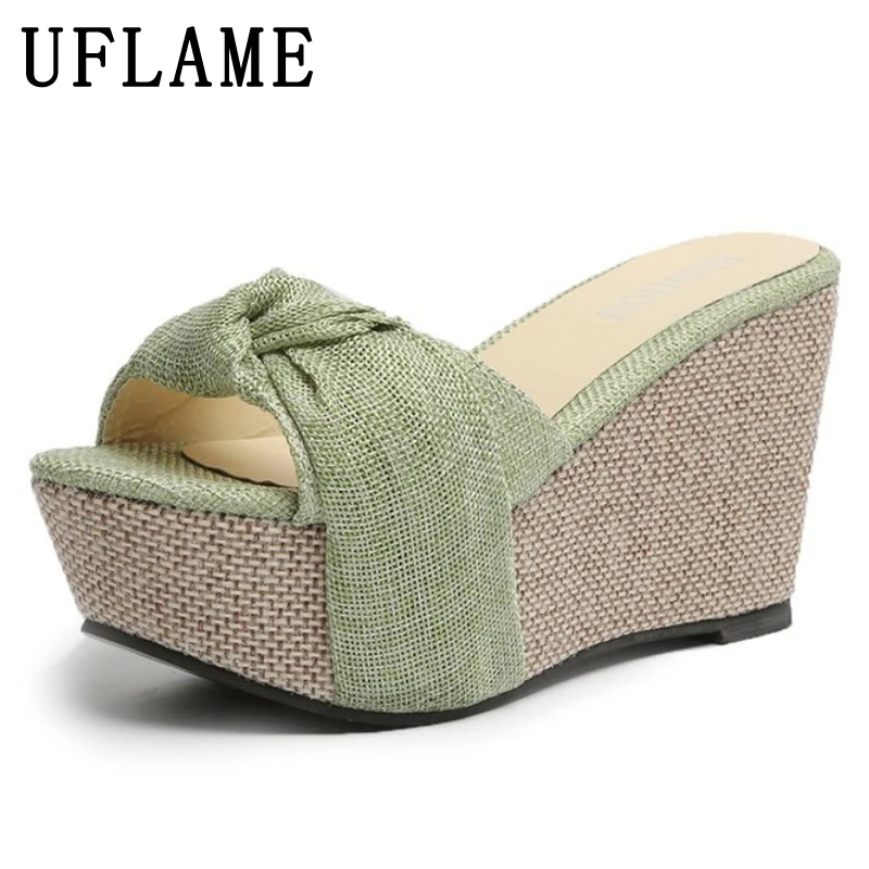 

Women Slippers Linen Leisure Platform Wedge Sandals Bow Beach Shoes Summer High Heel Fish Mouth Retro Ladies Non-slip Slides