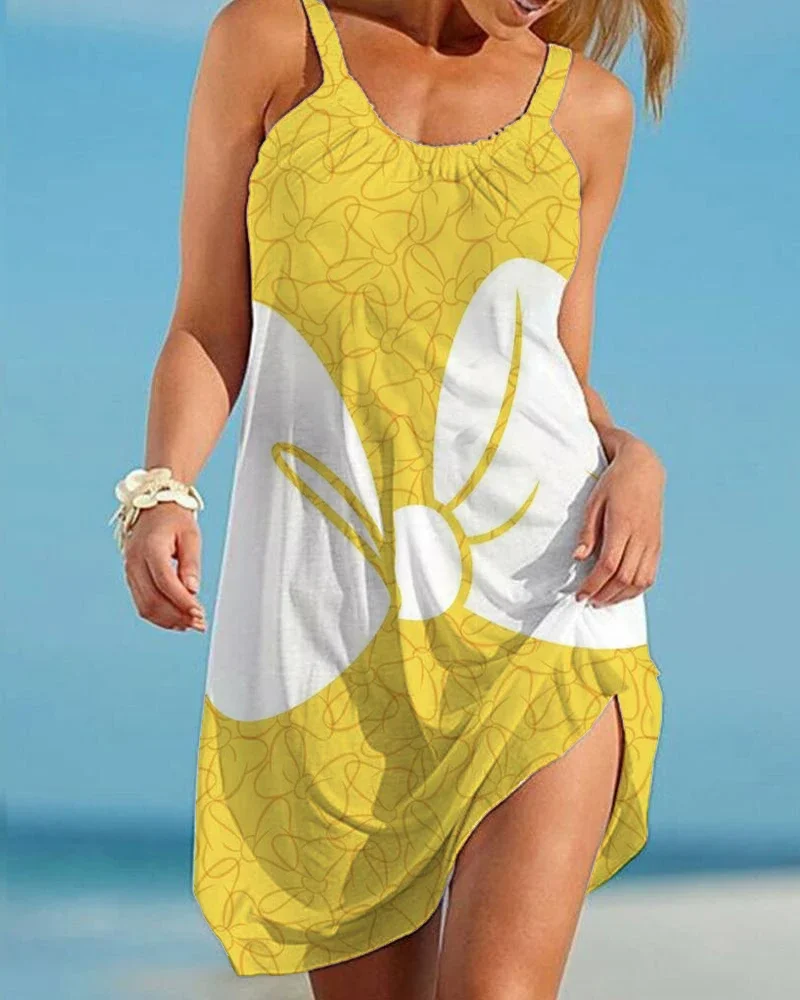 

Disney Minnie Cartoon Print Boho Dress for Women Fashion V Neck Sleeveless Dresses Summer Hem Loose Beach Dress Elegant Dress