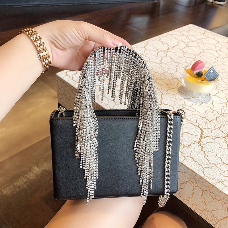 

Shiny Rhinestone Tassel Evening Bag Quality Black Pu Leather Handbag Women Square Shoulder Bag Wedding Party Bling Purse Bolsa