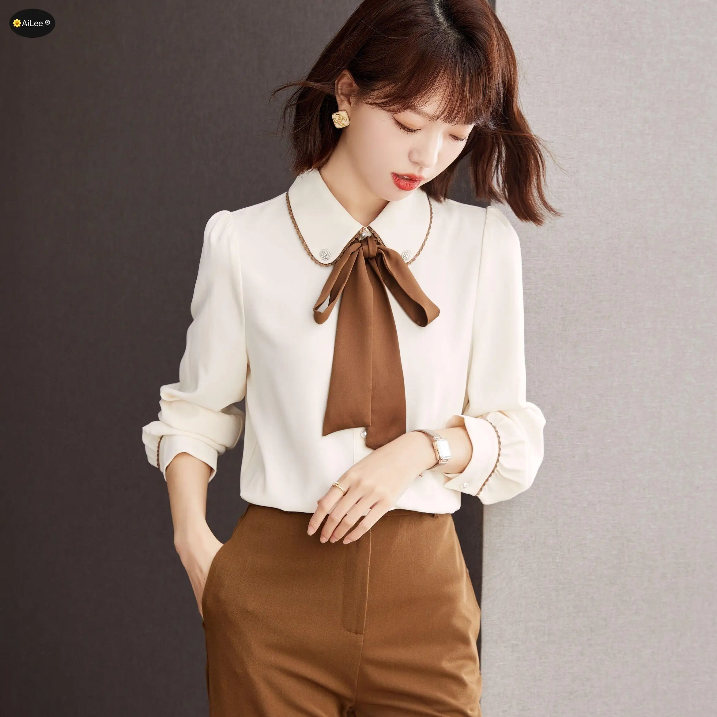 

Peter Pan Collar Ribbon Blouse Sweet Lolita Women Chic Fashion Casual Tops Streetwear Office Work Business Korea Style Shirts