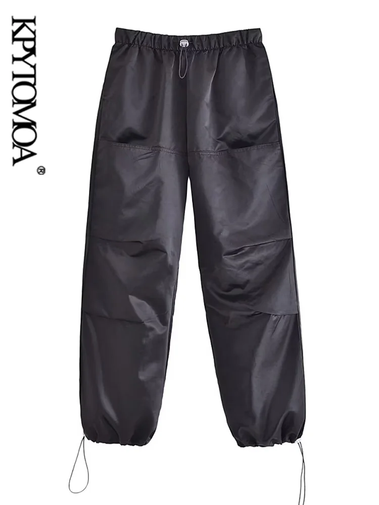 

KPYTOMOA женские модные атласные парашютные брюки с боковыми карманами винтажные женские брюки с высокой эластичной талией и кулиской