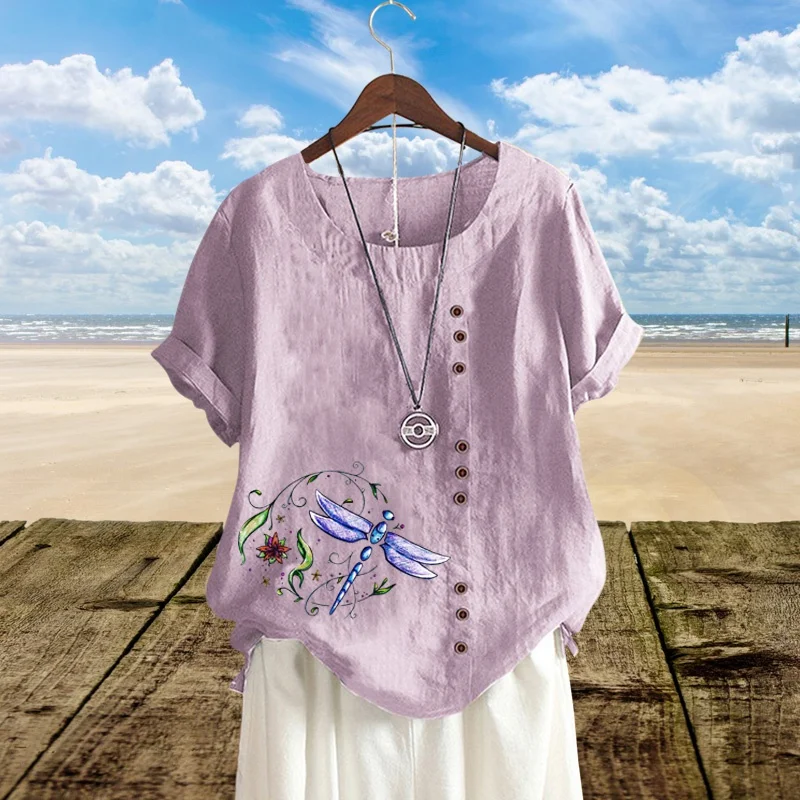 Женские льняные рубашки с круглым вырезом и коротким рукавом футболки
