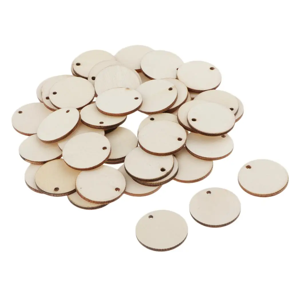 

50x Unfinished Round Circle Pieces Wood Discs with Hole Rustic Hanging
