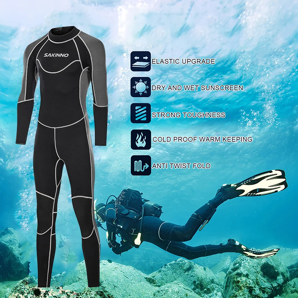 

3MM Men Full Wetsuit One Piece Long Sleeve Warm Keeping Water Sports Suit Waterproof Back Zip Sunscreen Anti-fold Swimming Suit
