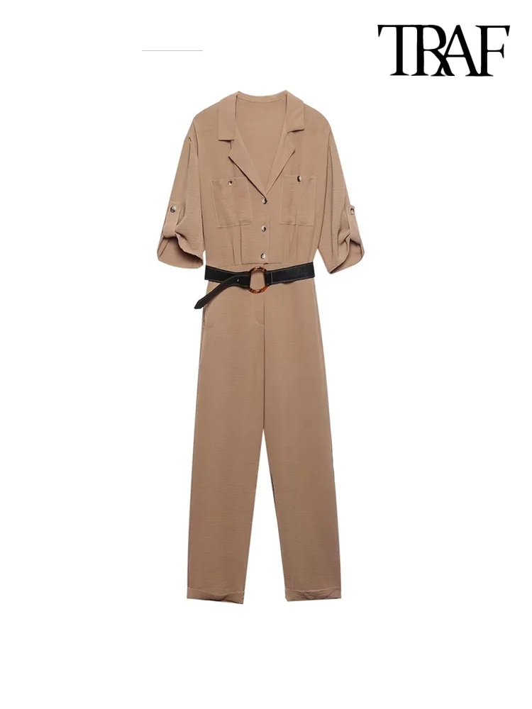 

TRAF Women Fashion With Belt Button-up Wrap Jumpsuits Vintage Short Sleeves Front Pockets Female Playsuits Mujer