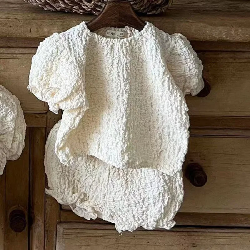 

Летняя футболка с пышными рукавами для девочек, топ, шорты, костюм, детская одежда, простые комбинезоны для мальчиков и девочек, повседневны...