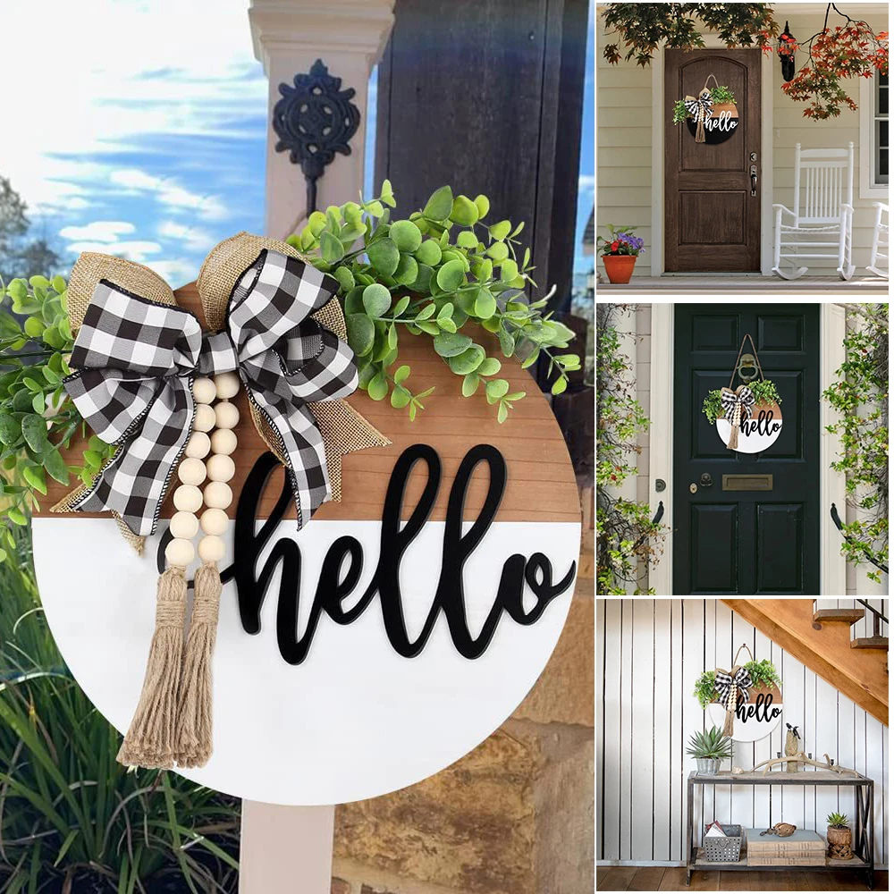 

Wooden Welcome Sign for Front Door Hello Letter & Tassel Wood Bead Hanging Decor Round with Fake Leaves for Garden Wall _WK