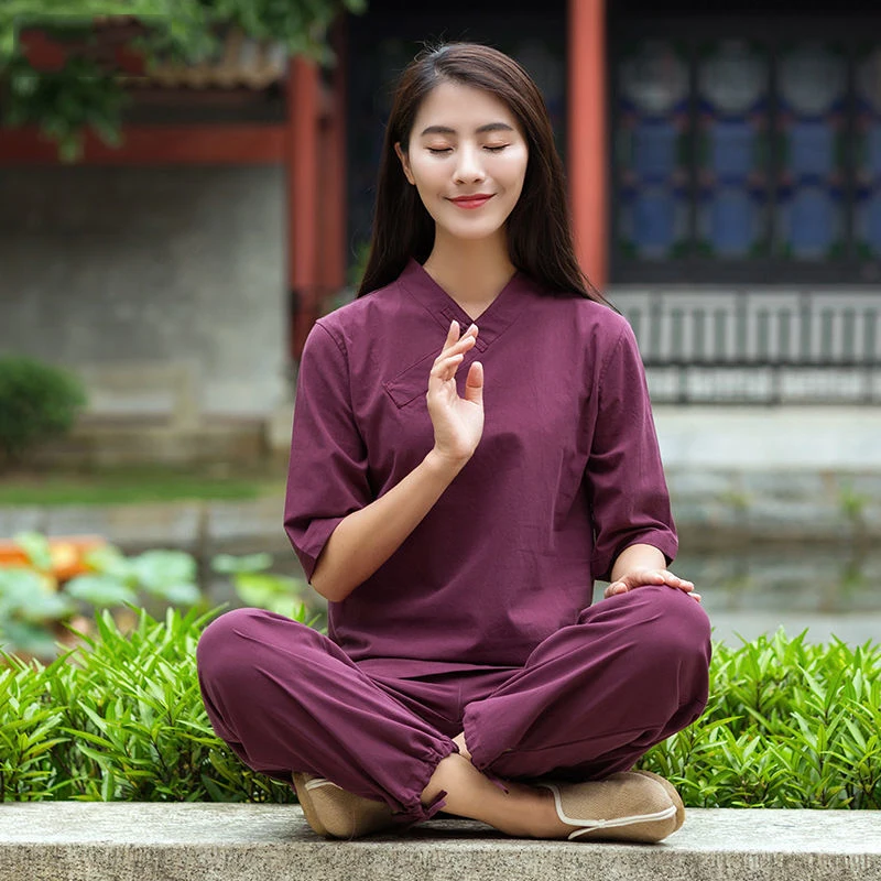 12colors Women Chinese Style Zen Tea Tang Suit Elegant Yoga Clothing Set Cotton Linen Hanfu Qipao Tops Pants Tai Chi Uniforms