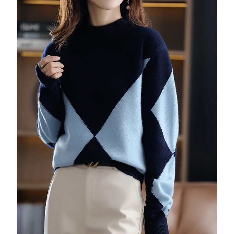 2022 autumn and winter new 100% wool cashmere sweater ladies loose large size knitted sweater half turtleneck stitching sweater