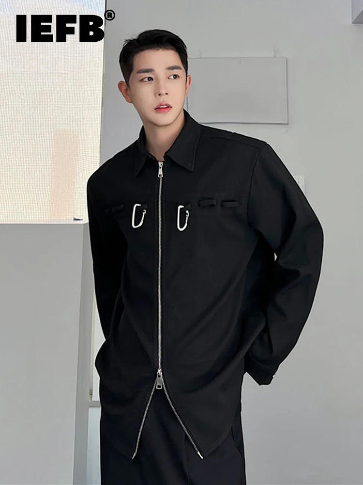 

IEFB Autumn New Trend Niche Design Multi Button Decorative Double Zipper Men Coat 2022 Solid Color Long Sleeve Male Jacket