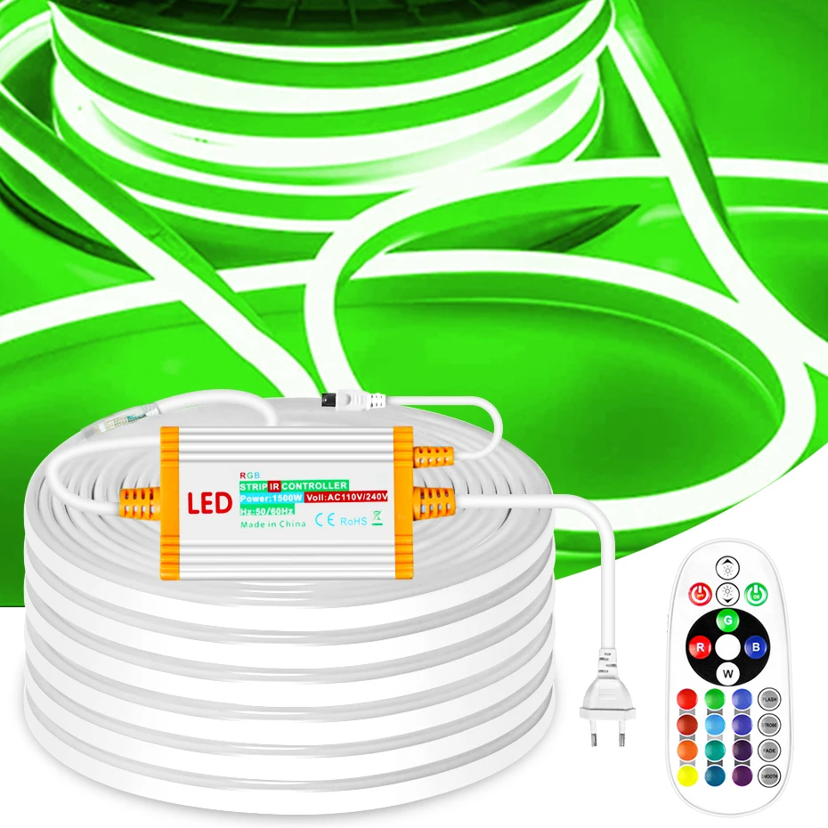 

RGB LED Neon Strip AC 220V SMD 5050 Led Neon Rope Lights IP67 Waterproof Flexible Ribbon Tape Dimmable With EU Plug Controller