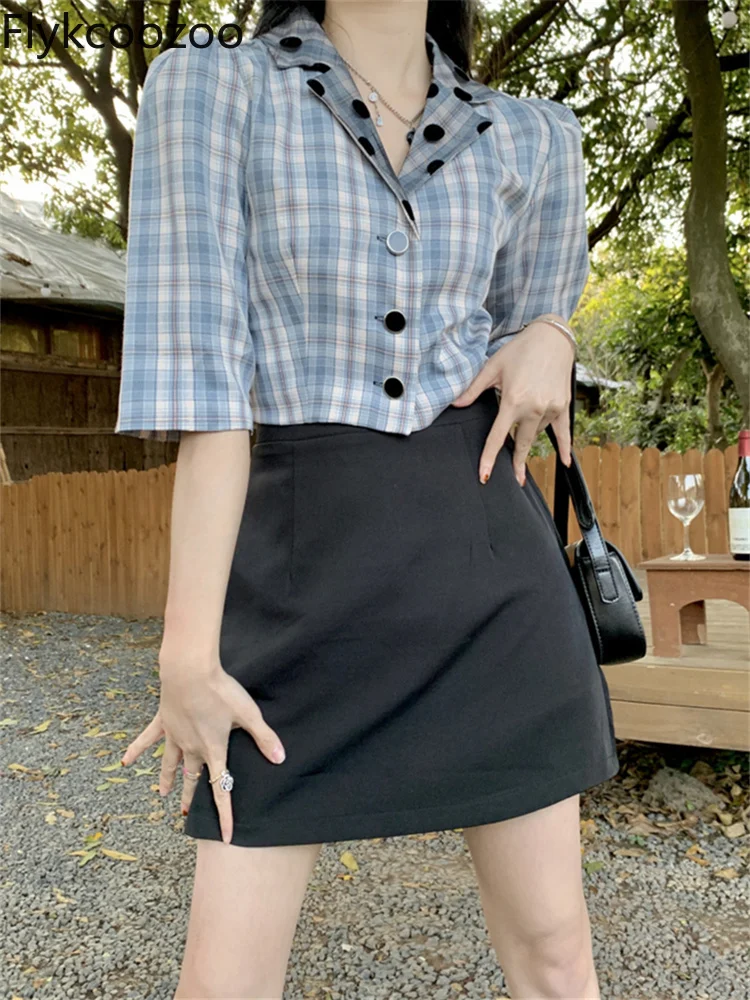 

Женские костюмы FlyKcoozoo на весну и лето, Клетчатая блузка с полурукавами и отложным воротником, мини-юбка, комплект из 2 предметов, Женская кор...
