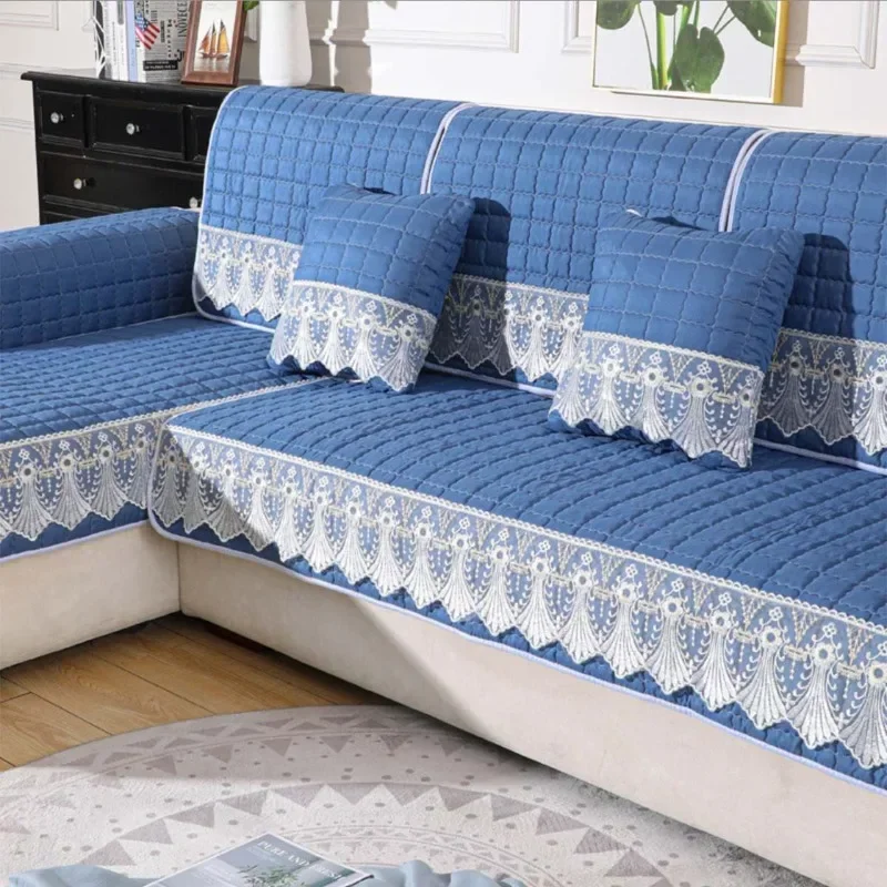 Хлопковый стеганый чехол для дивана цветочный синий клетчатый секционный