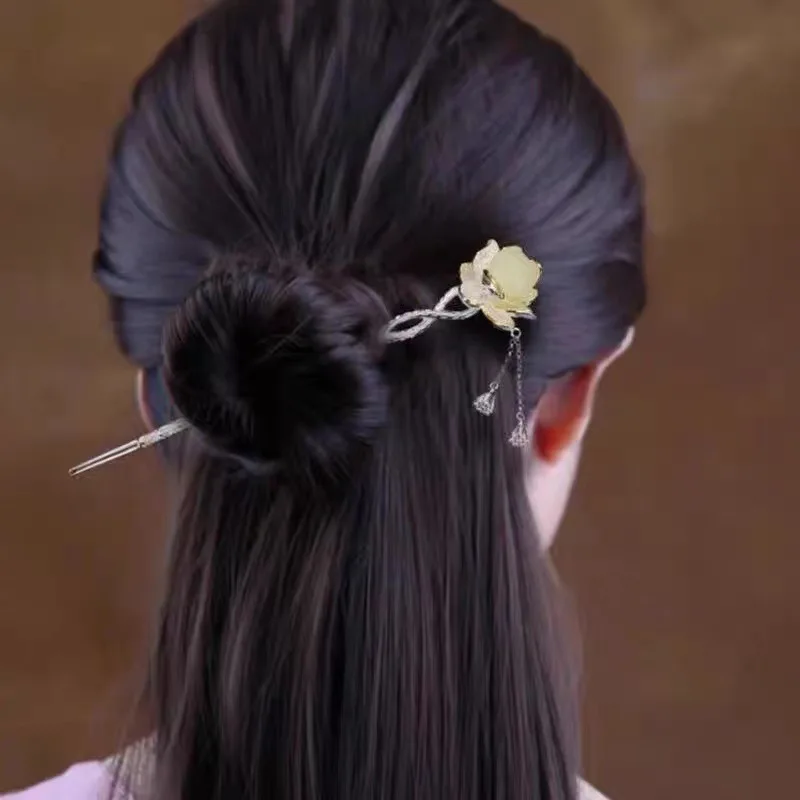 

S925 Sterling Silver Hetian jade Lotus Hair Sticks Acetate Headbands For Women Lady Headwear Wedding Hair Jewelry Accessories