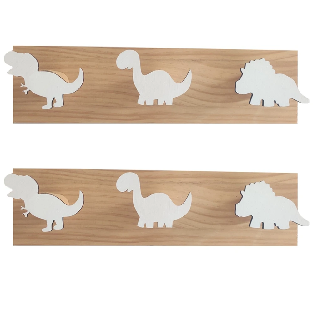 

2X Kids Dinosaur Wall Mounted Coat Hooks Wooden Door Hanger for Boys Bedroom Nursery Playroom Decorations -White