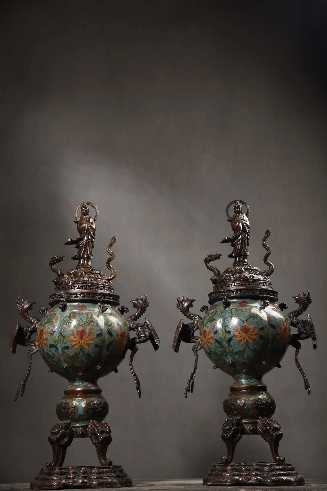 

24"Tibet Temple Collection Old Bronze Cloisonne Dragon Riding Guanyin Buddha Phoenix Ear incense burner A pair Worship Hall