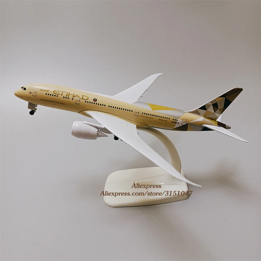 

Модель самолета ETIHAD Airlines B787 из металлического сплава, 20 см, модель самолета ETIHAD, Боинг 787, дыхательные пути, модель самолета с подставкой для ...