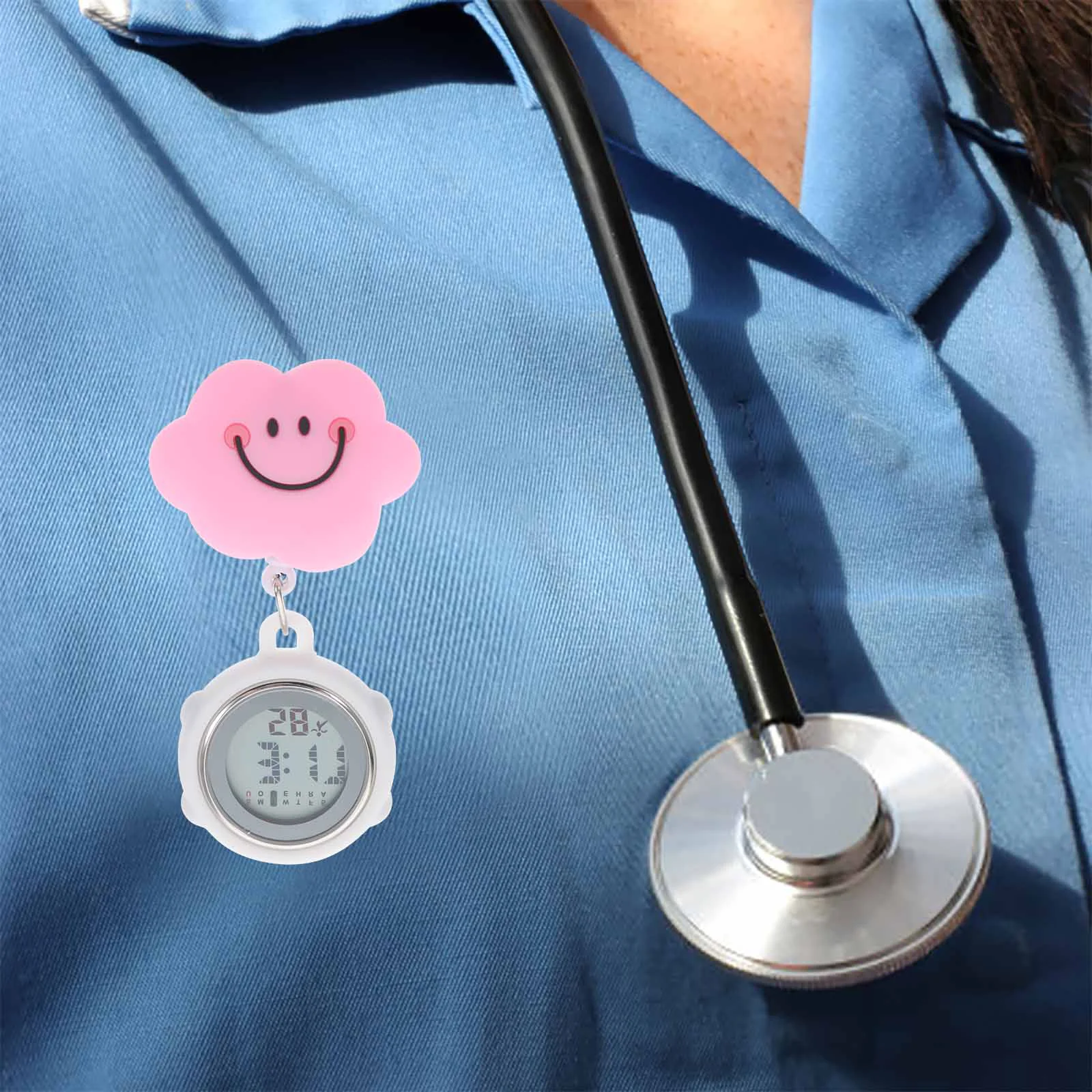 

Ukcoco Retractable Nurse Watches Clip Digital Watches Cute Cartoon Cloud Pattern Smile Round Face Hanging Lapel Pocket Watches