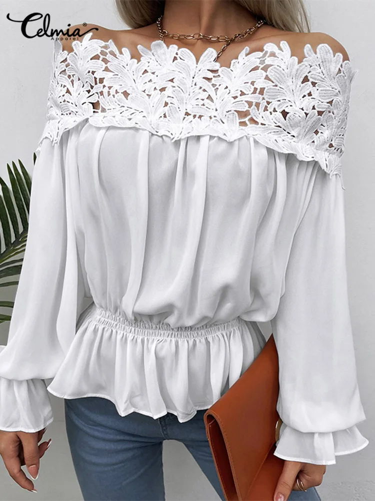 

Celmia Women Elegant Tunic Tops Summer Fashion Lace Trim Off Shoulder Sexy Blouses Long Sleeve Solid Shirred Waist Peplum Shirts