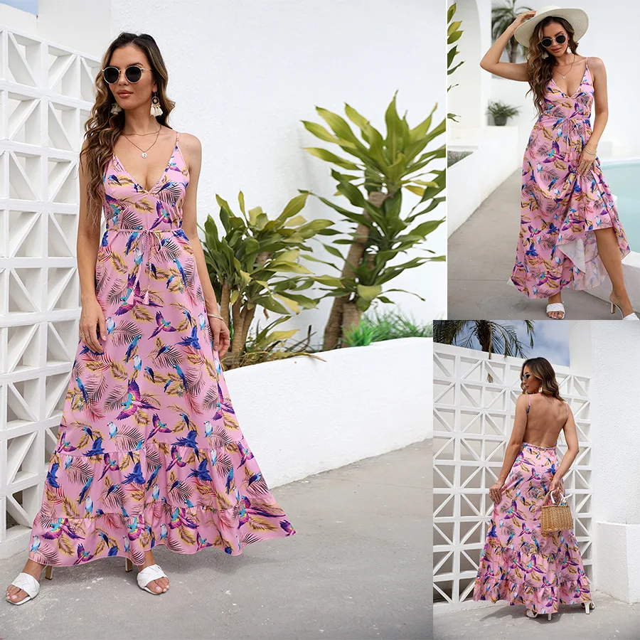 

2022 New Summer Boho Strap Floral Print Dress Long High Waist V-Neck Backless Vacation Midi Dress Woman Elegant Vestidos