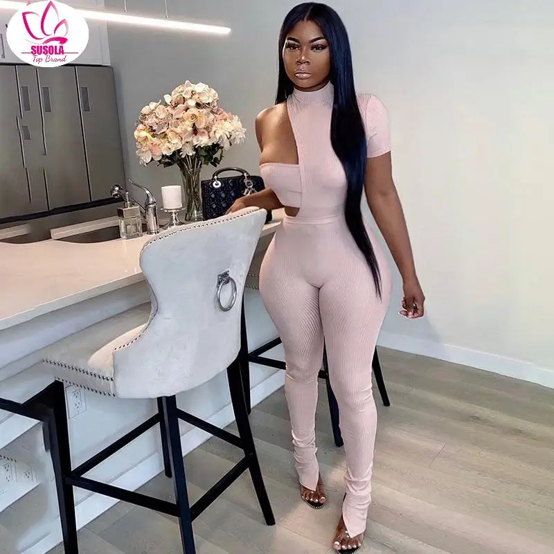 

Женский трикотажный комбинезон на одно плечо, с коротким рукавом