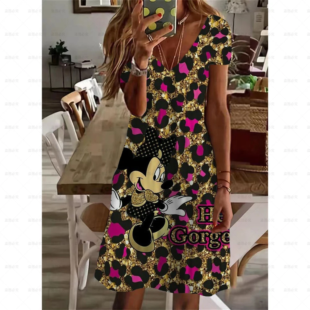

Women's Shift Dress Summer V-Neck Fashion Leopard Print Loose Skirt Disney Mickey Minnie Print Short Sleeve Knee Length Dress