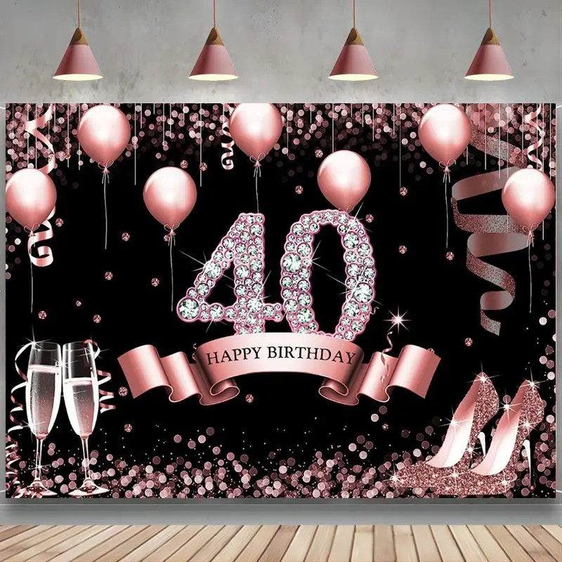 

Rose Gold Glitter Happy 40th Birthday Backdrop Women Fourty Party Background Pink Shining Bokeh High Heels Banner Decorations