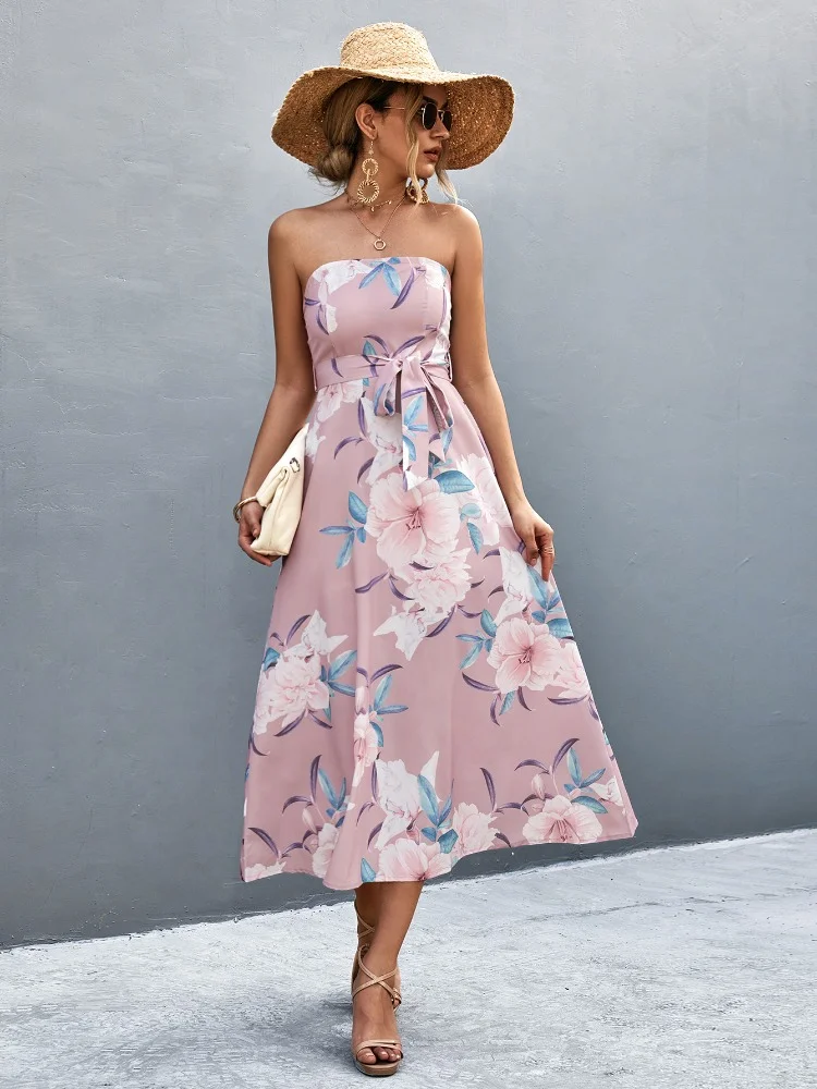 

Fashion Wrapped Breast Dress Women 2023 Summer Vacation Wind Strapless Sleeveless Dresses for Women's Casual Printed Long Dress
